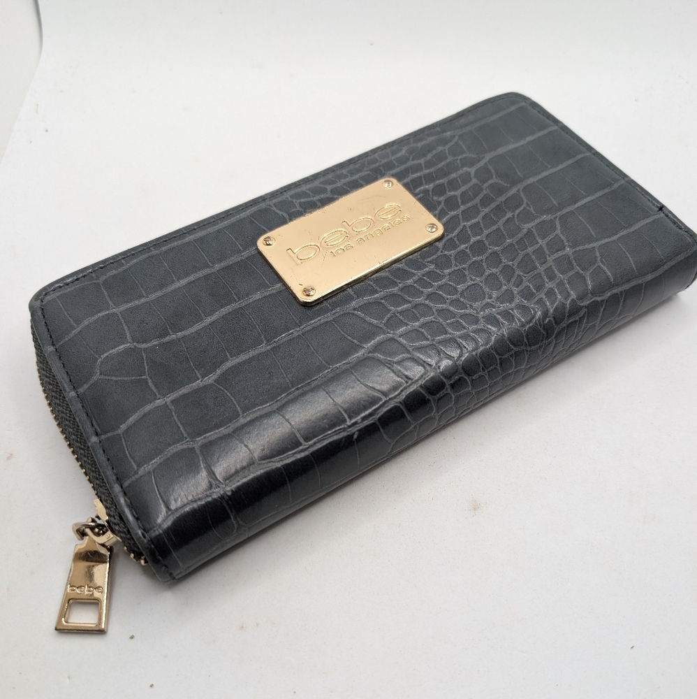 Bebe Charcoal Croc Embossed Clutch with‎ Gold Accent
